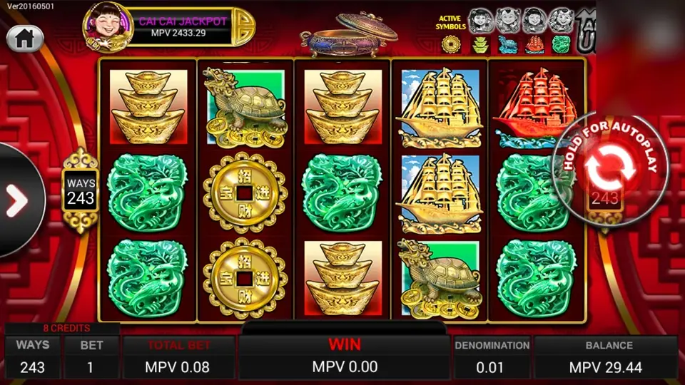 168 Yi Lu 88 on SKY777 with gold ingots, a gold dragon turtle, gold coins, a gold junk ship, a red ship and jade dragons on 243-ways reels under a CAI CAI JACKPOT meter