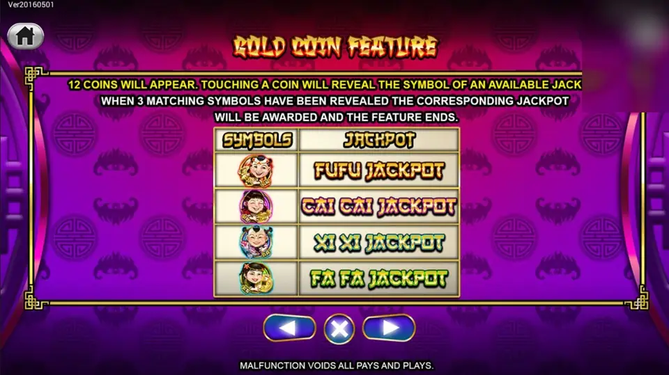 GOLD COIN FEATURE rules on 168 Yi Lu 88 with the FuFu, CaiCai, XiXi and FaFa jackpot characters listed in a table