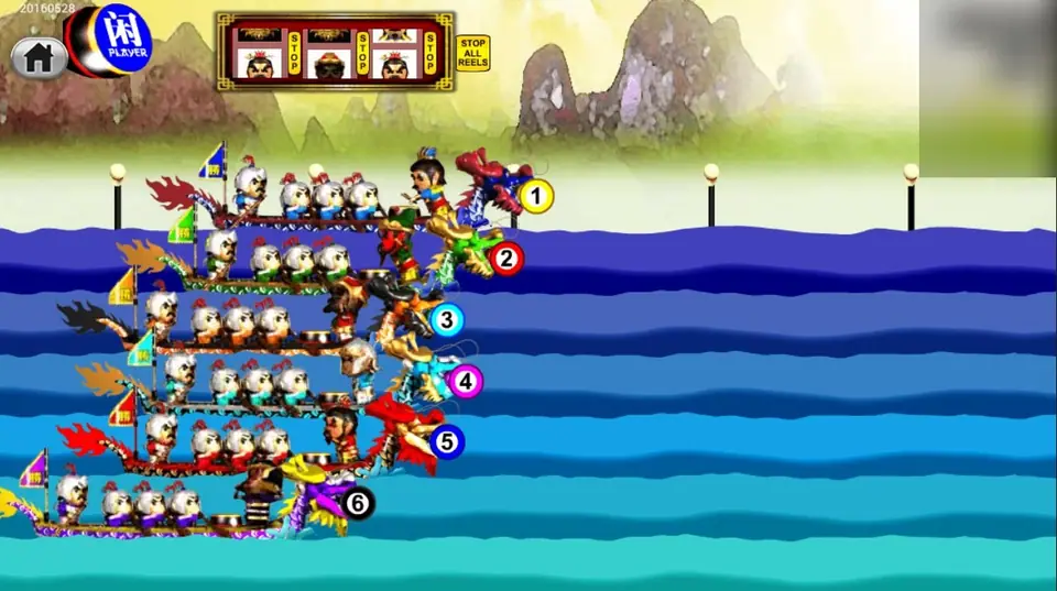 Six numbered dragon boats with cartoon crews racing side by side on blue water in 3 Kingdom Dragon Boat