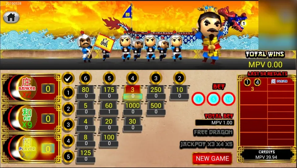 3 Kingdom Dragon Boat after a race: the 1 and 4 cell lit red on the grid, LAST 5R RESULTS showing 1 4 and PLAYER, NEW GAME button at the bottom