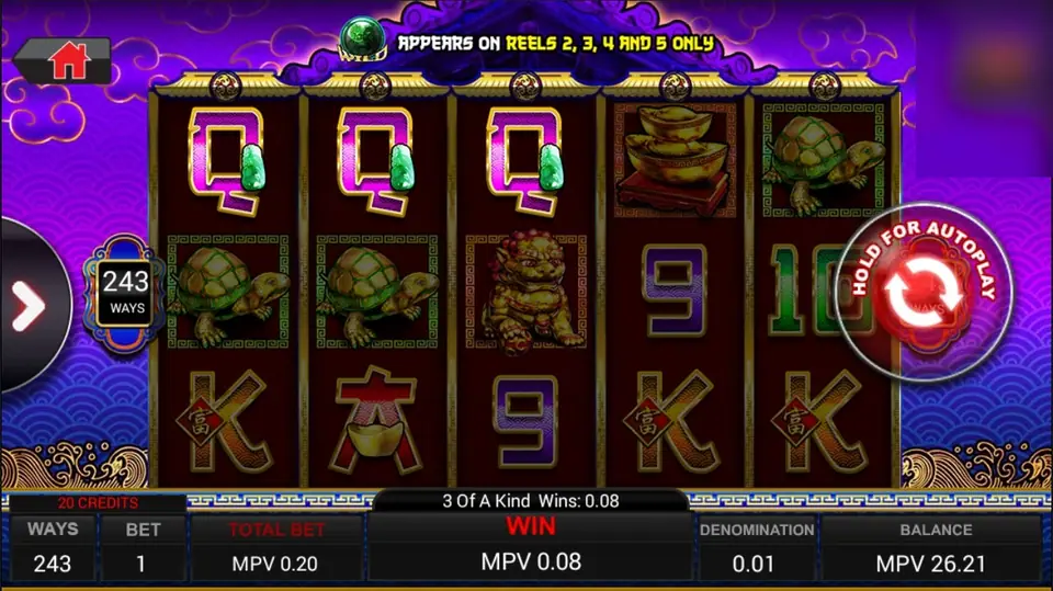 A three-of-a-kind Q win on 5 Fortune Dragons, reels 1 to 3 lit and the strip reading 3 Of A Kind Wins: 0.08