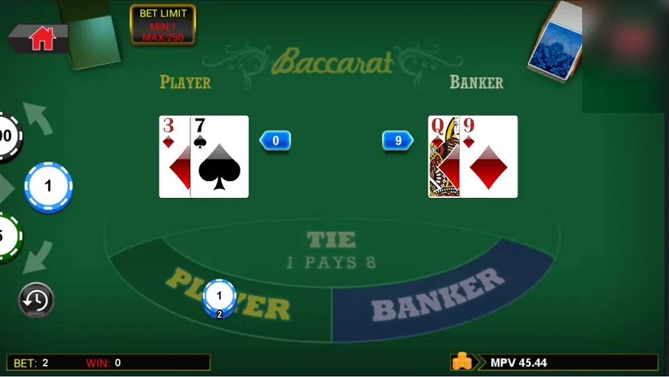A dealt hand on 9 Baccarat: Player holds 3 and 7 for 0, Banker holds Q and 9 for 9, with a 2 chip on PLAYER and TIE 1 PAYS 8 on the felt