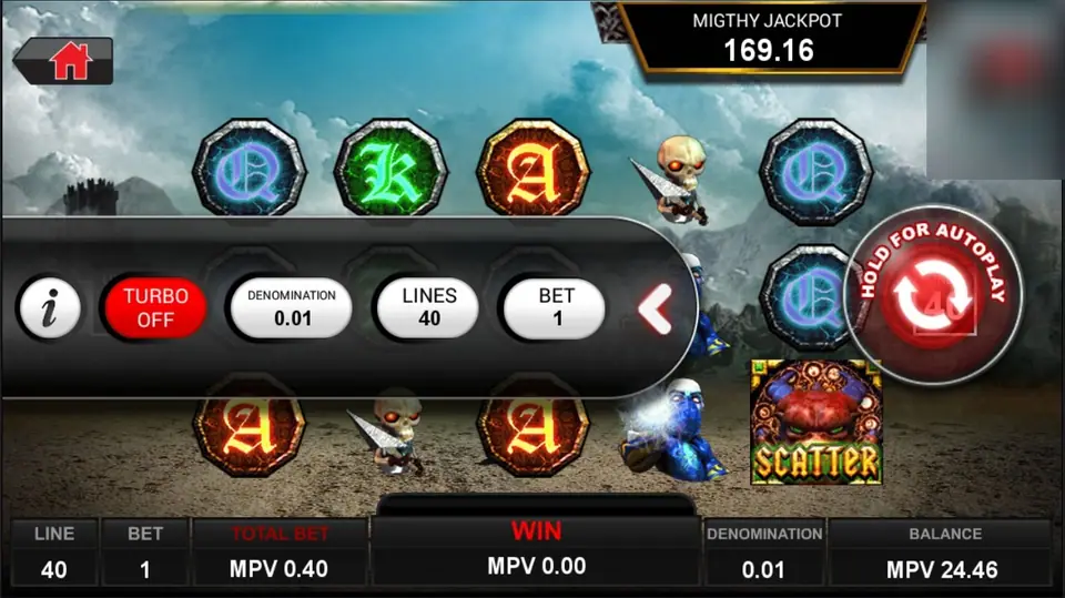 Slide-out bet chips over the reels showing TURBO, DENOMINATION, LINES and BET
