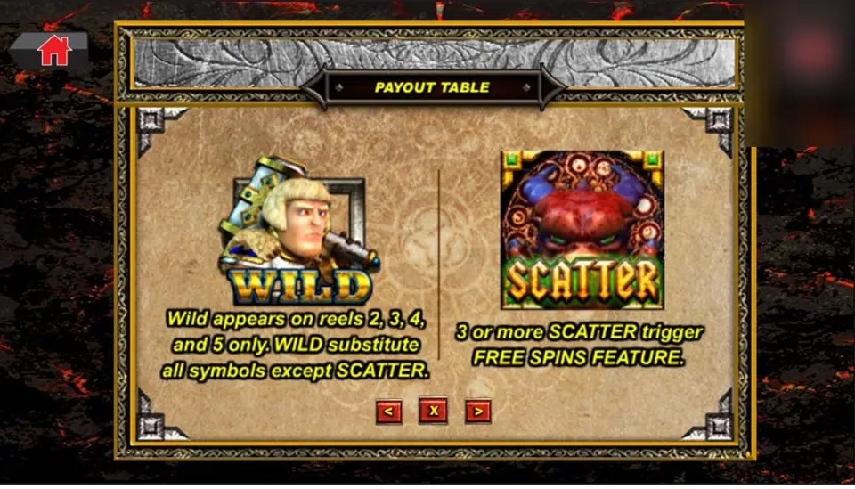 Payout table page for the hammer Wild and the red demon Scatter