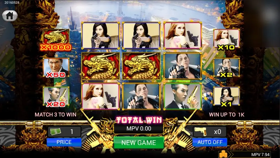 The Dragon Clan scratch card on SKY777 with nine revealed panels showing gangster characters and two gold dragons, prize multipliers down both sides