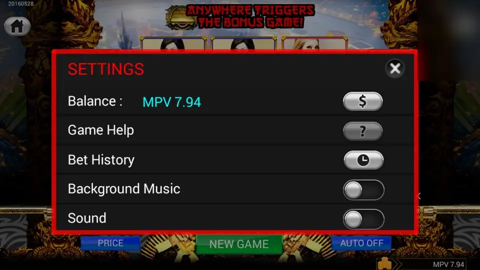 Settings panel over the card showing the balance, Game Help and Bet History