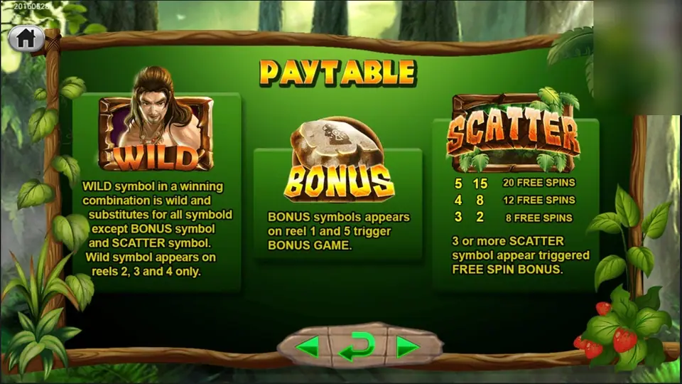 Paytable page explaining the Wild, the carved Bonus stone and the Scatter