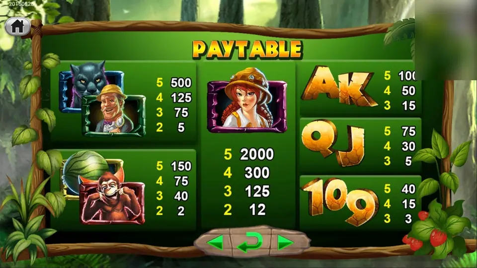 The Tarzan paytable showing Jane, the explorer and panther, the monkey and watermelon, and the carved card letters
