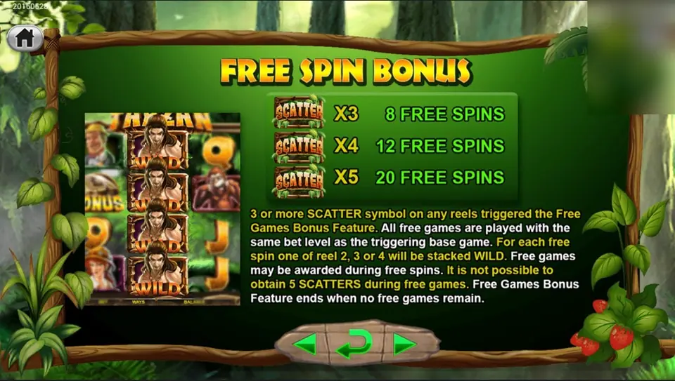 Free Spin Bonus rules: three, four or five scatters for 8, 12 or 20 free spins with stacked wilds