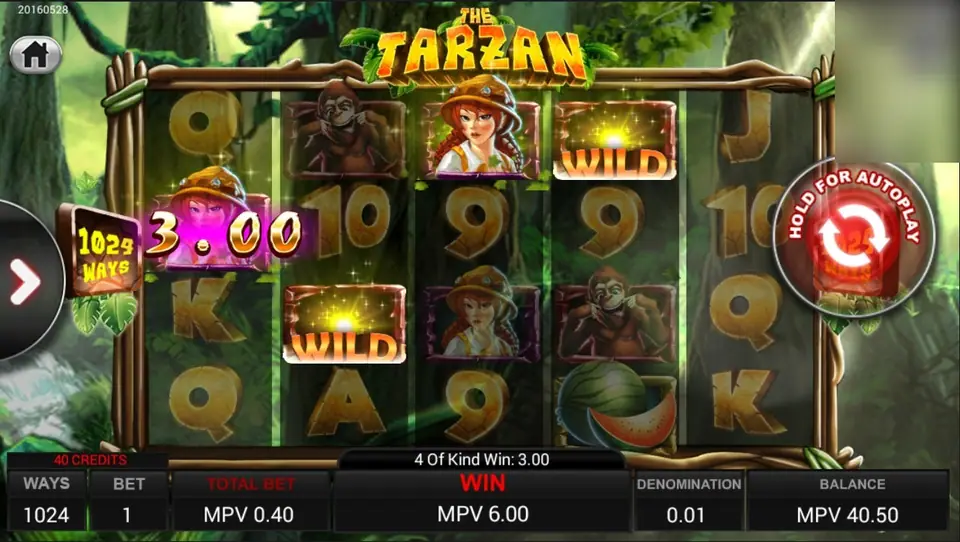 The Tarzan slot on SKY777 with explorer, monkey and Jane symbols on jungle reels, two WILD tiles and a 3.00 win on the 1024 ways badge