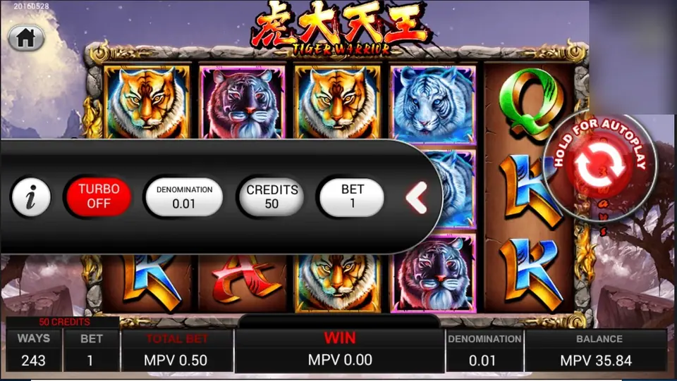 Slide-out chips: TURBO OFF, DENOMINATION 0.01, CREDITS 50, BET 1
