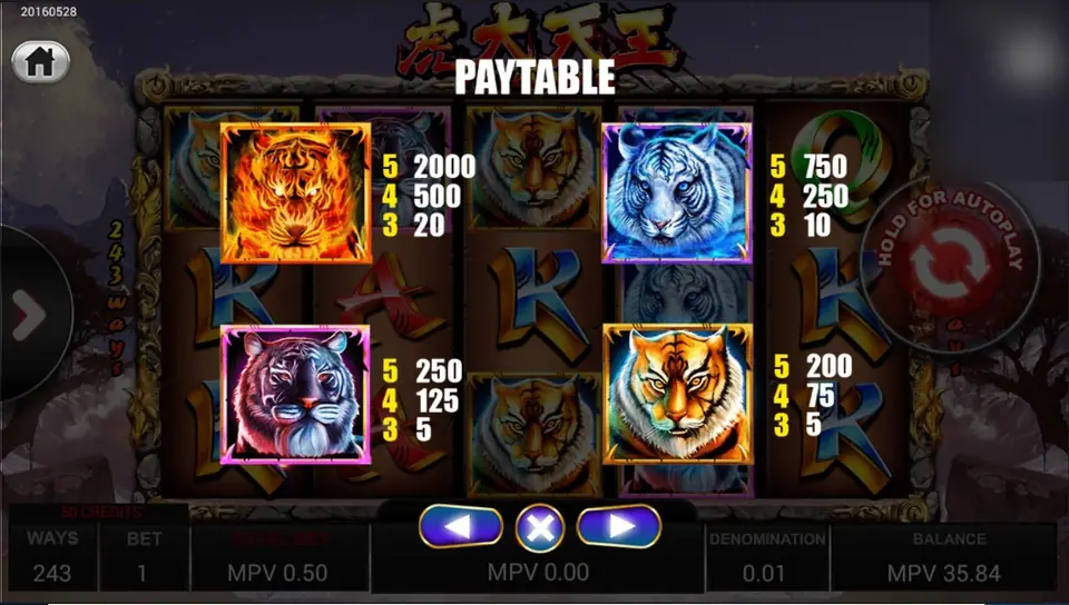Paytable page with the fire tiger, blue tiger, purple tiger and orange tiger