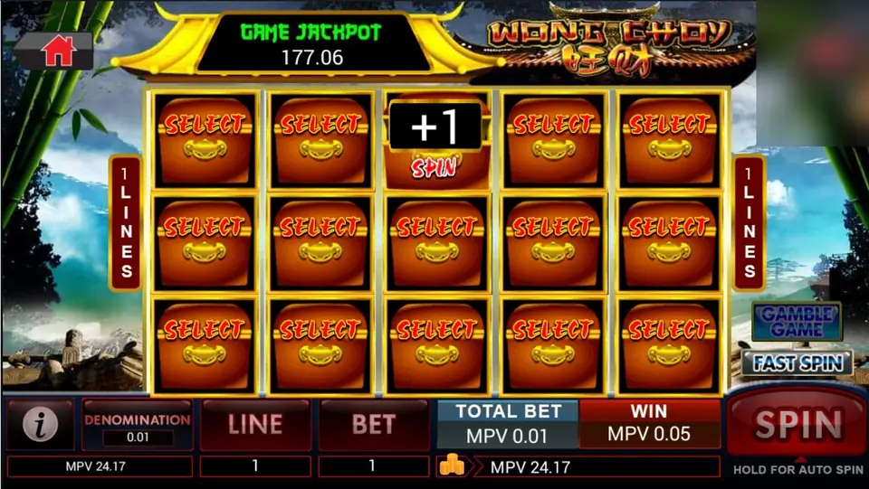 A treasure box opened to reveal +1 spin, with the Game Jackpot meter above