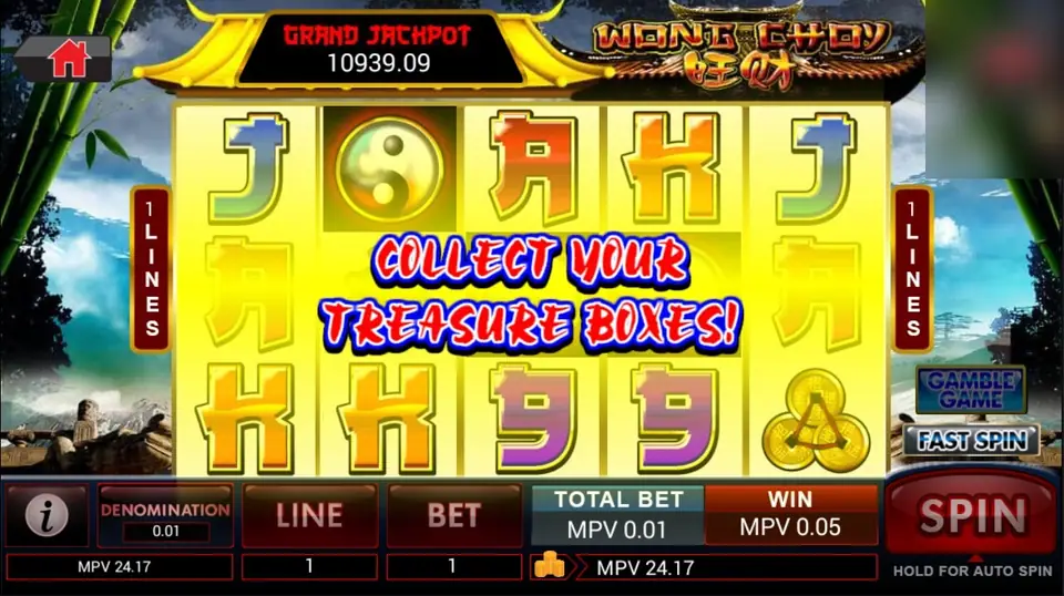 Wong Choy slot on SKY777 during the Collect Your Treasure Boxes message, with yin-yang scatter and card letters on yellow reels and the Grand Jackpot meter above