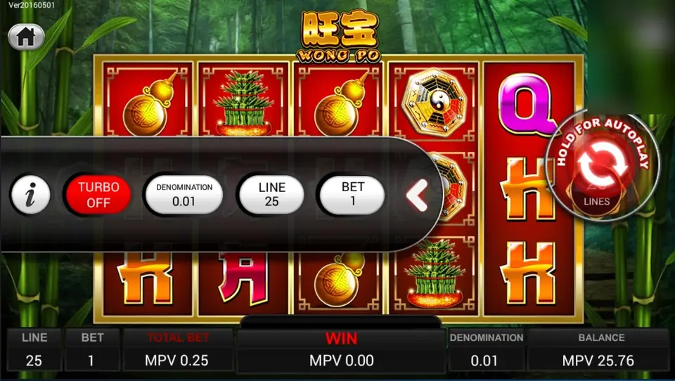 The slide-out chips: TURBO OFF, DENOMINATION 0.01, LINE 25 and BET 1