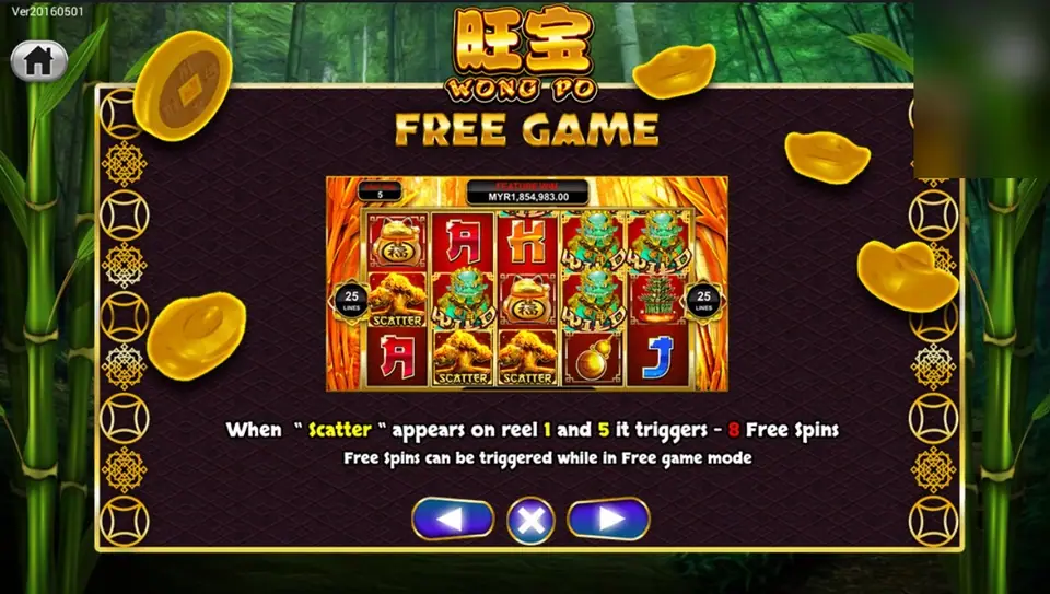 Free Game help page: Scatter on reels 1 and 5 triggers 8 free spins