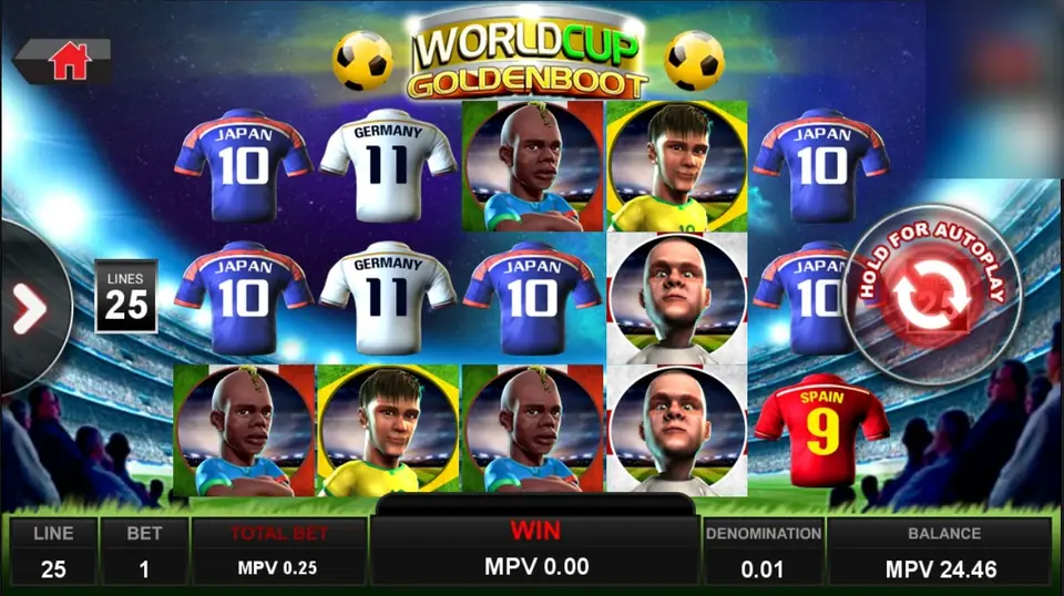 WorldCup Golden Boot slot on SKY777 with Japan 10, Germany 11 and Spain 9 shirts and cartoon footballer portraits on stadium-lit reels, 25 lines badge