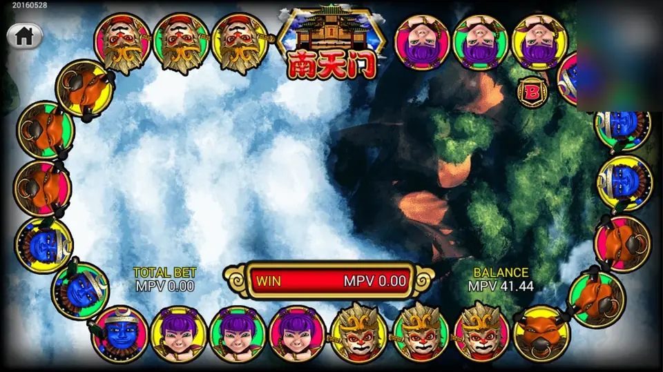 Xi You Ji Golden Journey on SKY777: a ring of character portraits with red, green and yellow rims around a cloud scene under the Nantianmen gate