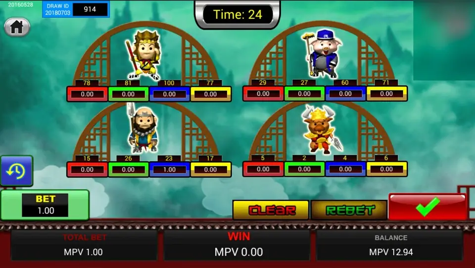 Magic Journey on SKY777 with the Monkey King, Pigsy, a monk warrior and a bull demon under wooden arches, each with red, green, blue and yellow bet boxes