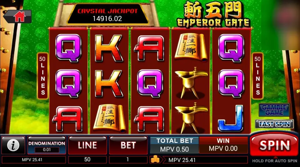 Emperor Gate on SKY777 with red, purple and orange card letters, a gold wine vessel and a scroll on red reels under a CRYSTAL JACKPOT meter and 50 LINES tabs