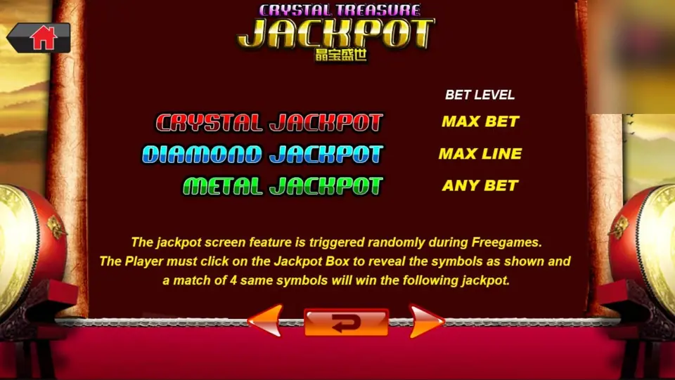 Crystal Treasure Jackpot page listing Crystal Jackpot at max bet, Diamond Jackpot at max line and Metal Jackpot at any bet