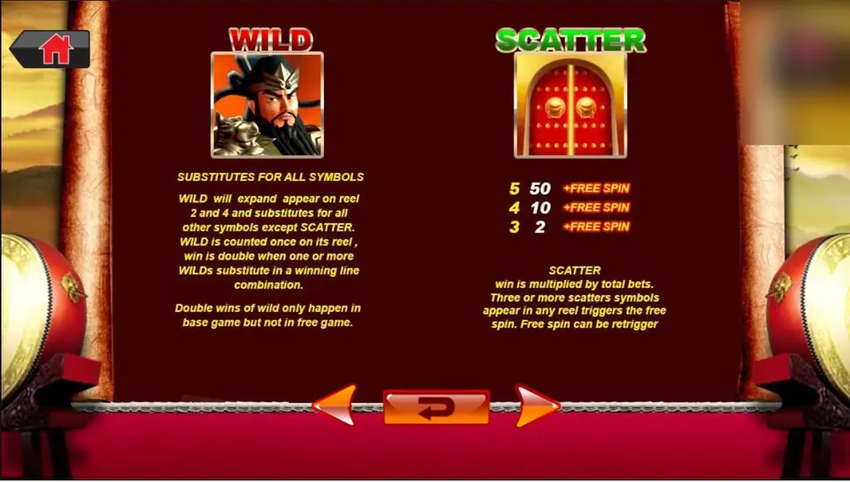 Emperor Gate help page showing the bearded general WILD and the red studded gate SCATTER with its 50, 10 and 2 pays