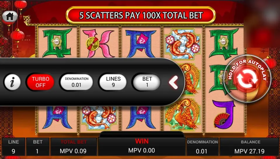 Bet drawer open on Zhao Cai Jin Bao with i, TURBO OFF, DENOMINATION 0.01, LINES 9 and BET 1, under a 5 SCATTERS PAY 100X TOTAL BET banner