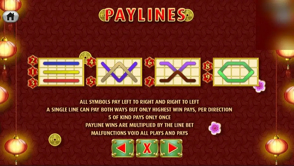 PAYLINES page for Zhao Cai Jin Bao drawing the nine lines above the both-ways pay rules