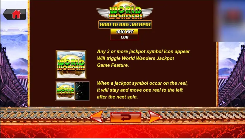 World Wonders How to Win Jackpot page, min bet 1.00, explaining that the jackpot icon stays and moves one reel left after the next spin