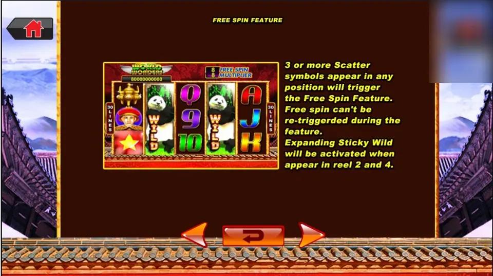 Great China free spin help page with an example grid where pandas on reels 2 and 4 have expanded into sticky wild reels