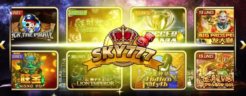 SKY777 crown logo with dice over a row of game tiles including Jack the Pirate, Wong Po, Lion Emperor, Indian Myth, Big Prosperity and Dragon Gold