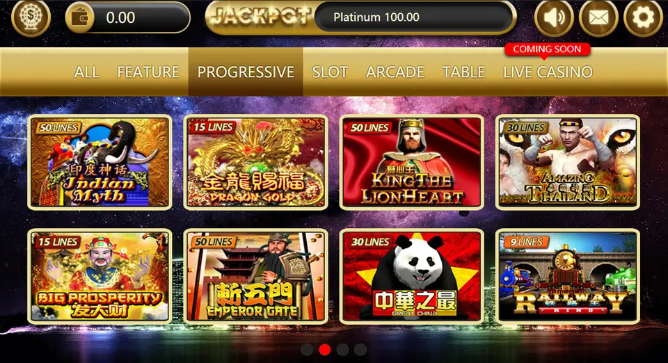 SKY777 lobby on the Progressive tab with a jackpot bar across the top and line counts on each game tile